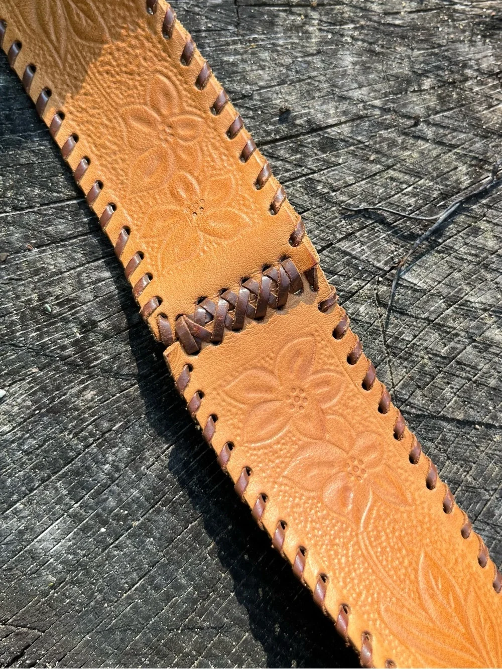 70s Handmade Tooled Genuine Leather Tie Belt Floral Fairy Boho Ren Faire